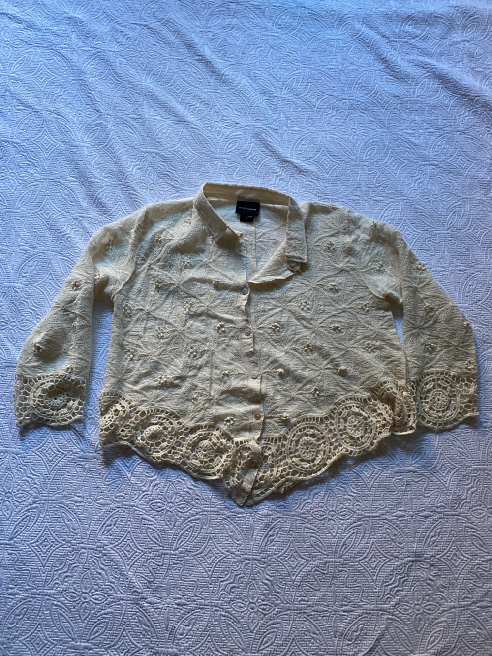 Light Cream Crochet-Trim Button-Front Blouse